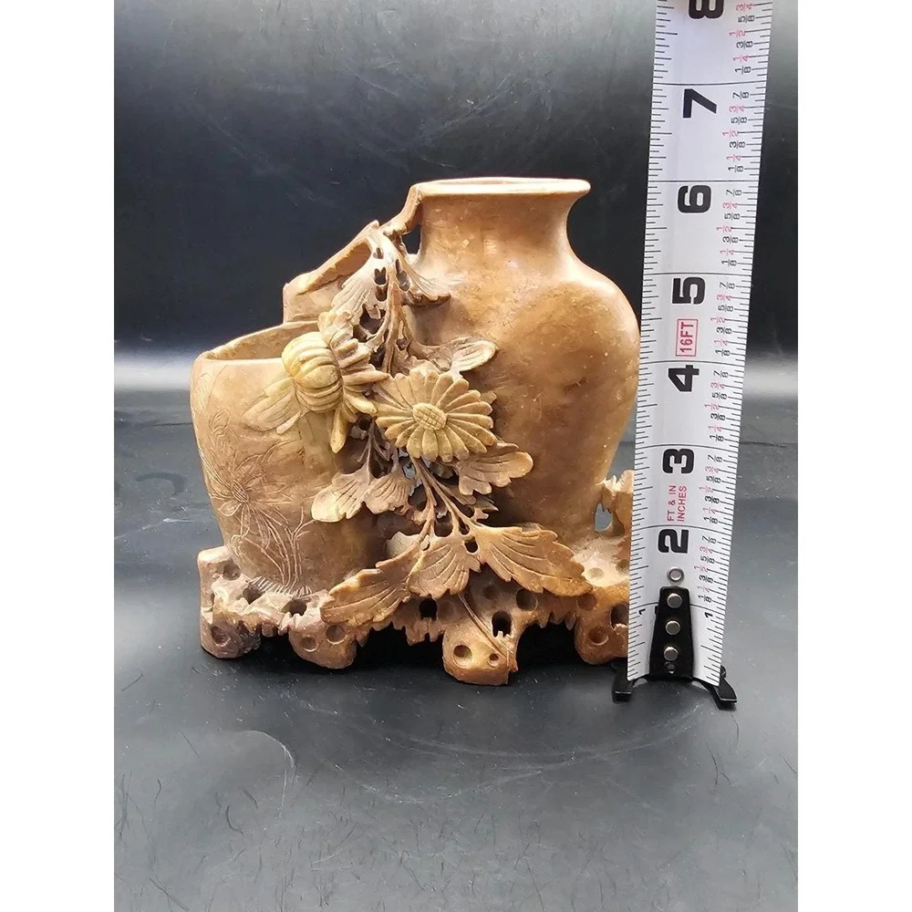 Vintage Chinese Soapstone Double Vase Hand Carved Floral Light Brown 6in SIGNED